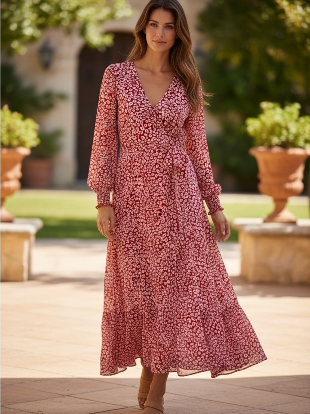 PRETTYGARDEN Womens Large Red White Floral Wrap Midi Dress Long Sleeve V Neck - Picture 3 of 11